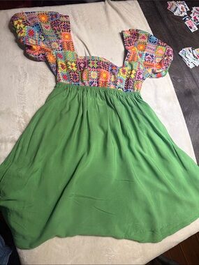 Girls Green Skirt Colorful Patchwork Bodice Casual Dress